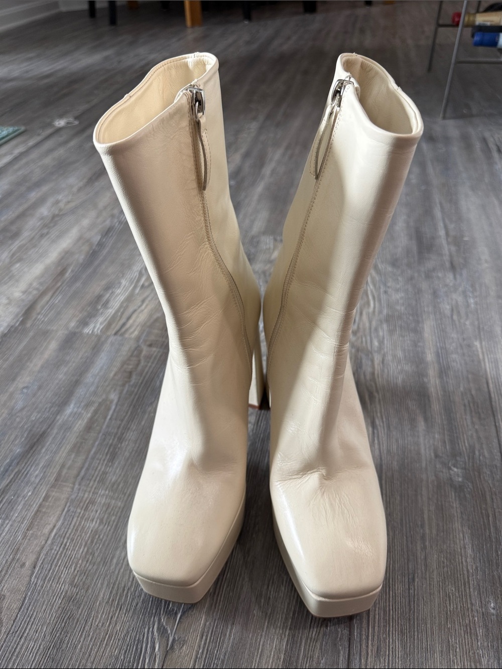 Zara Cream Square-Toe Mid-Calf Leather Platform Boots